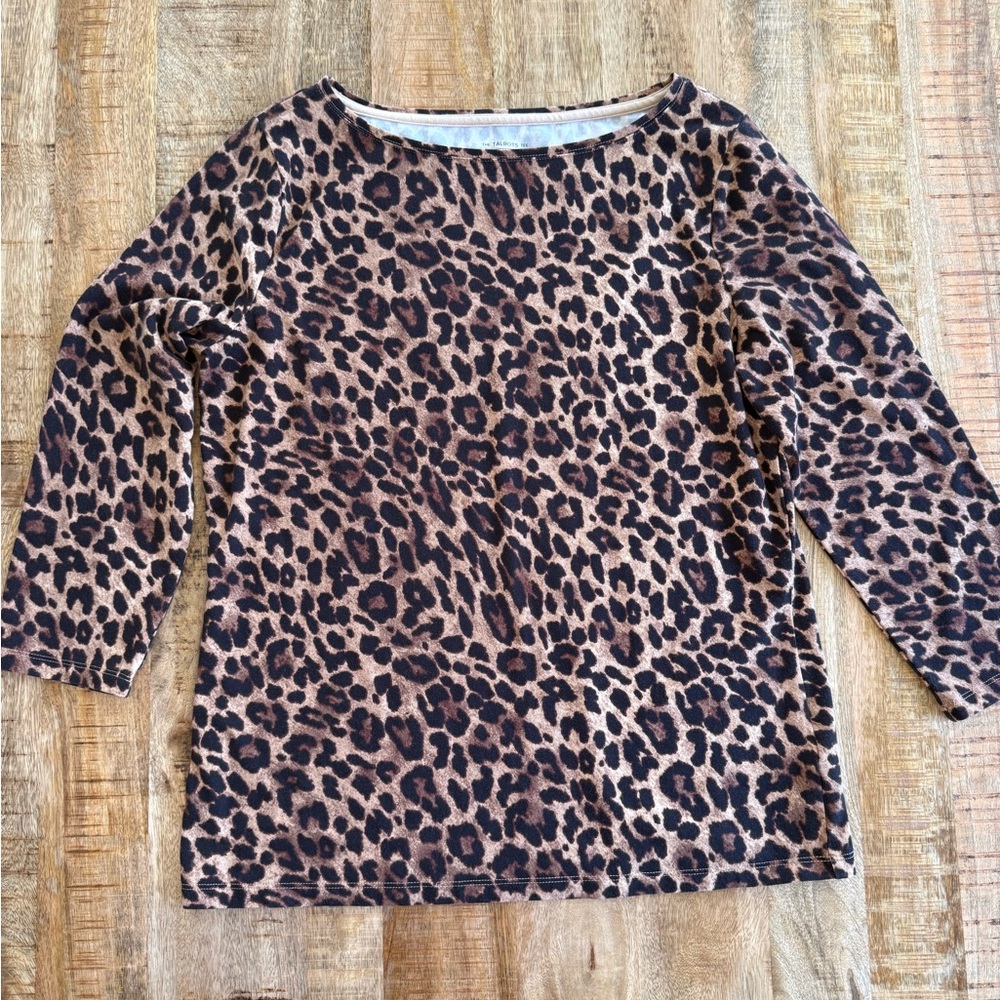 Talbots Leopard Print Tee Top Size M Brown Animal Print 3/4 Sleeve comfy Stretch